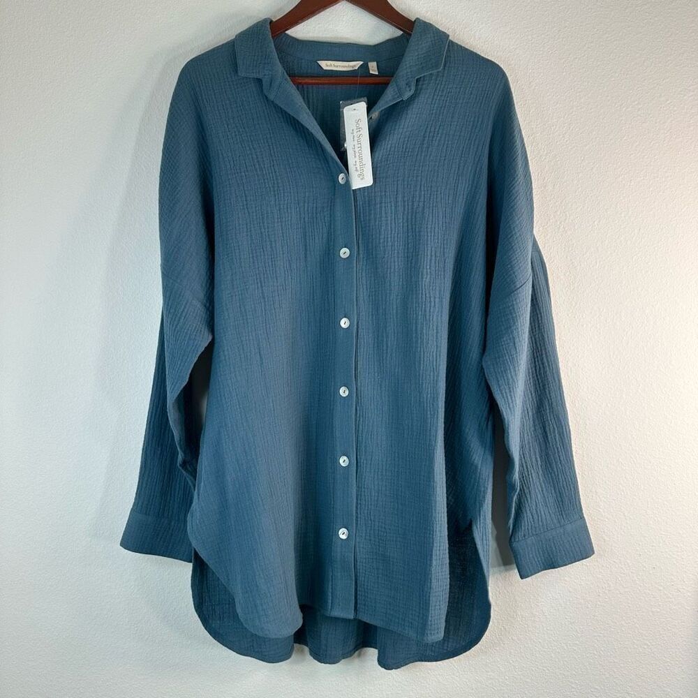 Soft Surroundings Gauzy Blue Button Front Top Womens Large NWT Oversized Casual